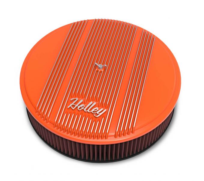 Holley Vintage Series 14" Round Finned Air Cleaner Assembly, with 3" Premium Filter, Factory Orange Finish 120-127