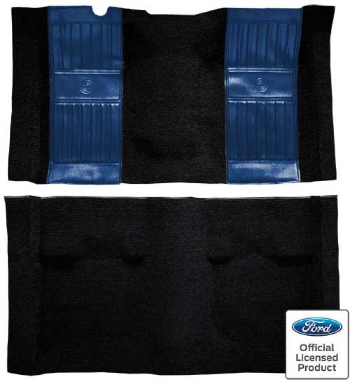 OER 1971-73 Mustang Mach 1 Passenger Area Nylon Floor Carpet - Black with Dark Blue Pony Inserts A4117A12